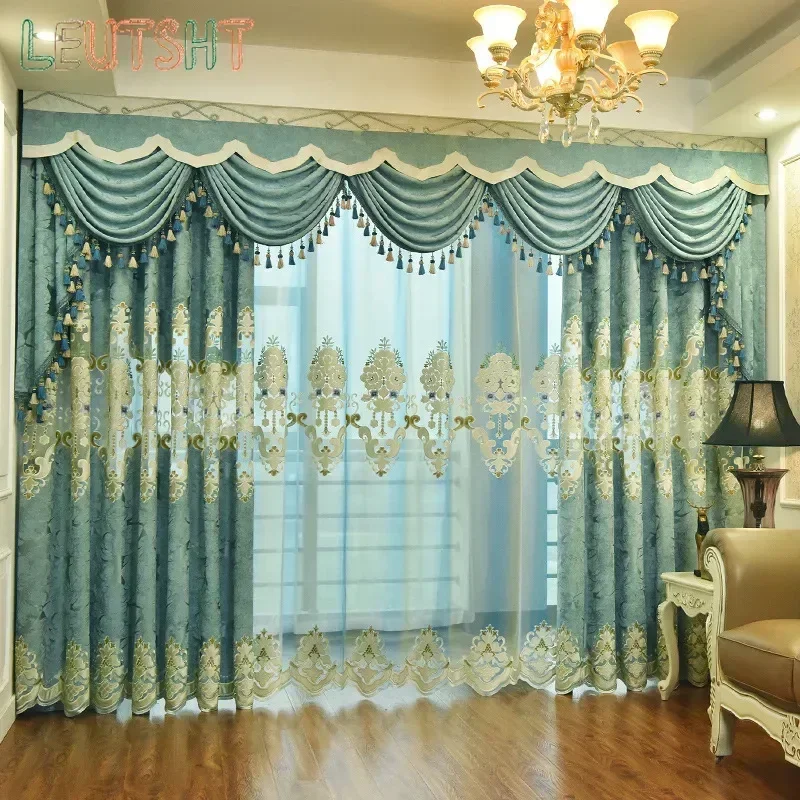 

European Golden Embroidered Luxury Curtains for Living Room Blackout Bedroom Tulle Thickened Chenille Valances Lace Window Villa