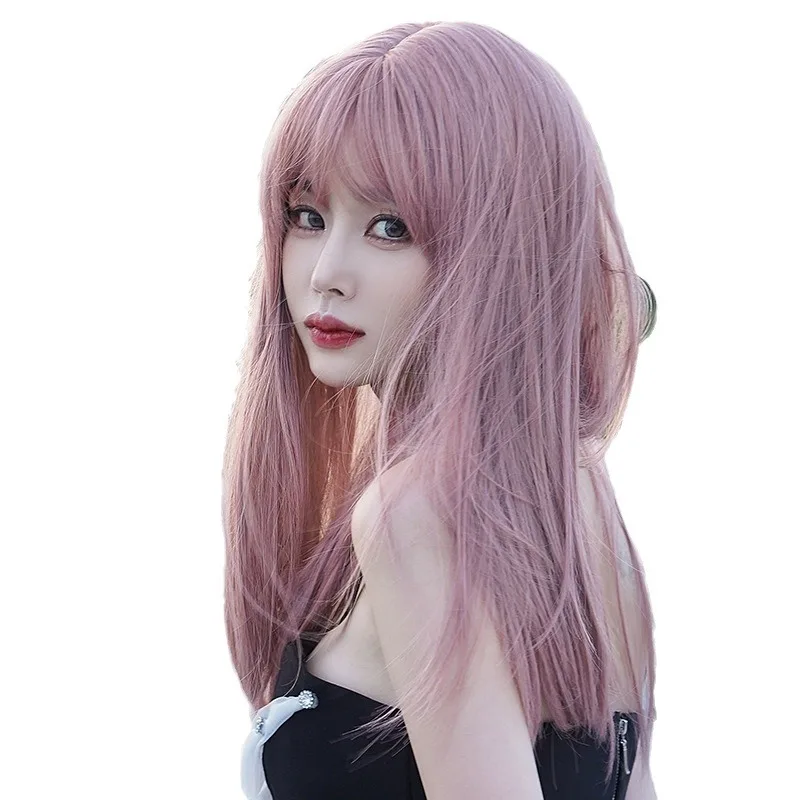 Women's , full head style, internet celebrity long straight hair with air bangs, pink , fashionable wig - view 5
