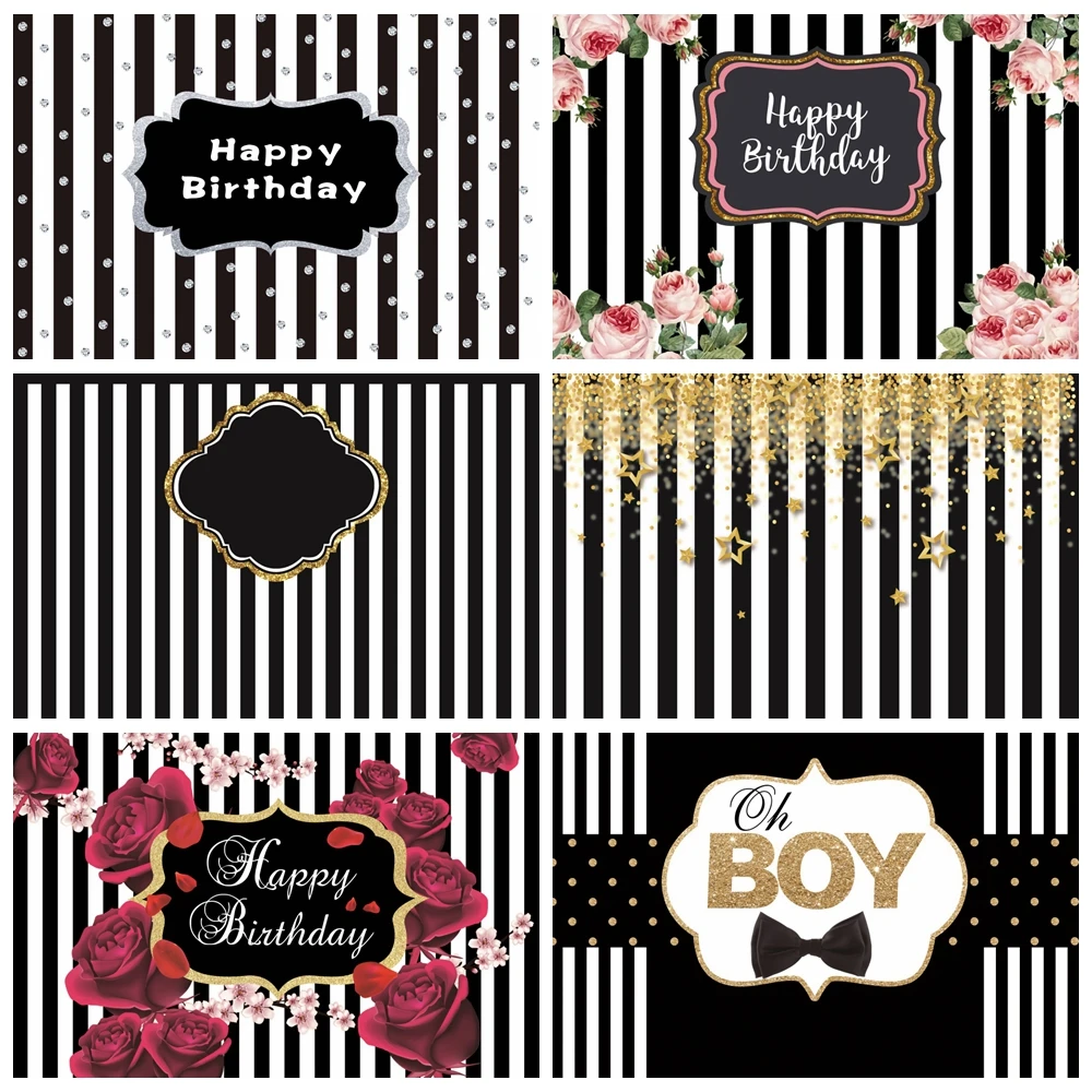 

Black White Stripes Photography Background Sparkling Starlight Rose Flowers Baby Shower Boys Birthday Party Decor Photo Backdrop