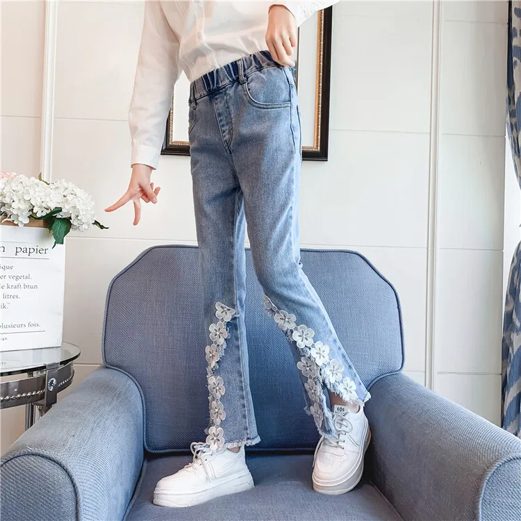 Embroidered Flowers Flare Jeans for Kid Girl Casual Style Denim Pants Spring Fashion Trousers Children Bottoms Girls Denim Pant