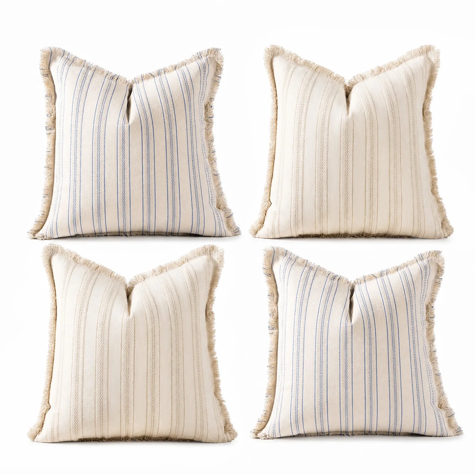 4 Pcs 18×18 Inch Decorative Throw Pillow Covers, Boho Striped Jacquard Pillowcases, Farmhouse Fringe Cushion Cases for Sofa, Bed & Couch