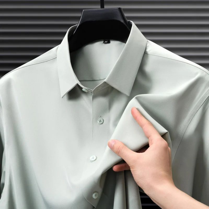 Men's Long Sleeve Shirt Summer High-End Non-Iron Shirt Seamless Pressed Shirt Men's Tencel Shirt