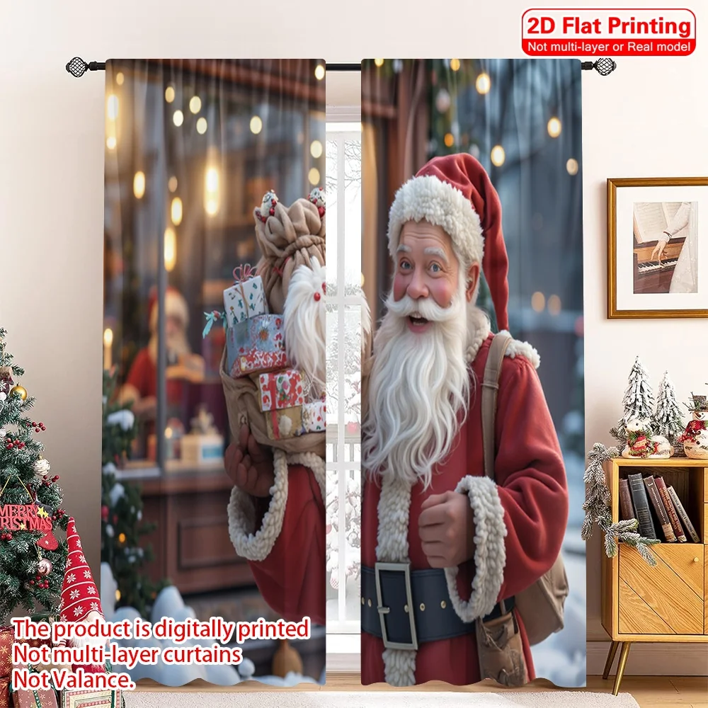 

2pcs 2D flat printing Merry Christmas Popular Window Curtains Santa Claus Gifts Festive Joy 100% Polyester Without Electricity