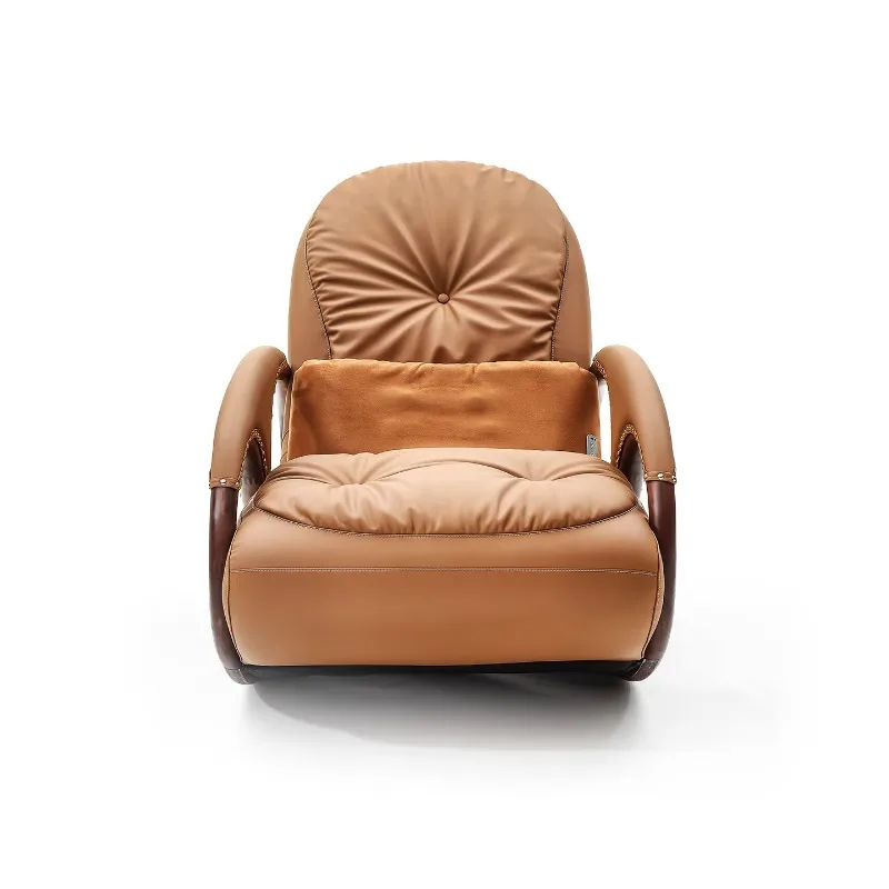 Solid wood leather single sofa lazy balcony rocking chair, gold silk sandalwood massage recliner brown