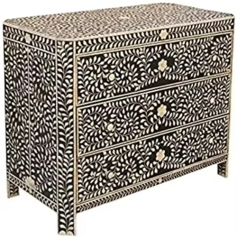 

Hand polished bone inlaid bedside table with floral design wardrobe drawer