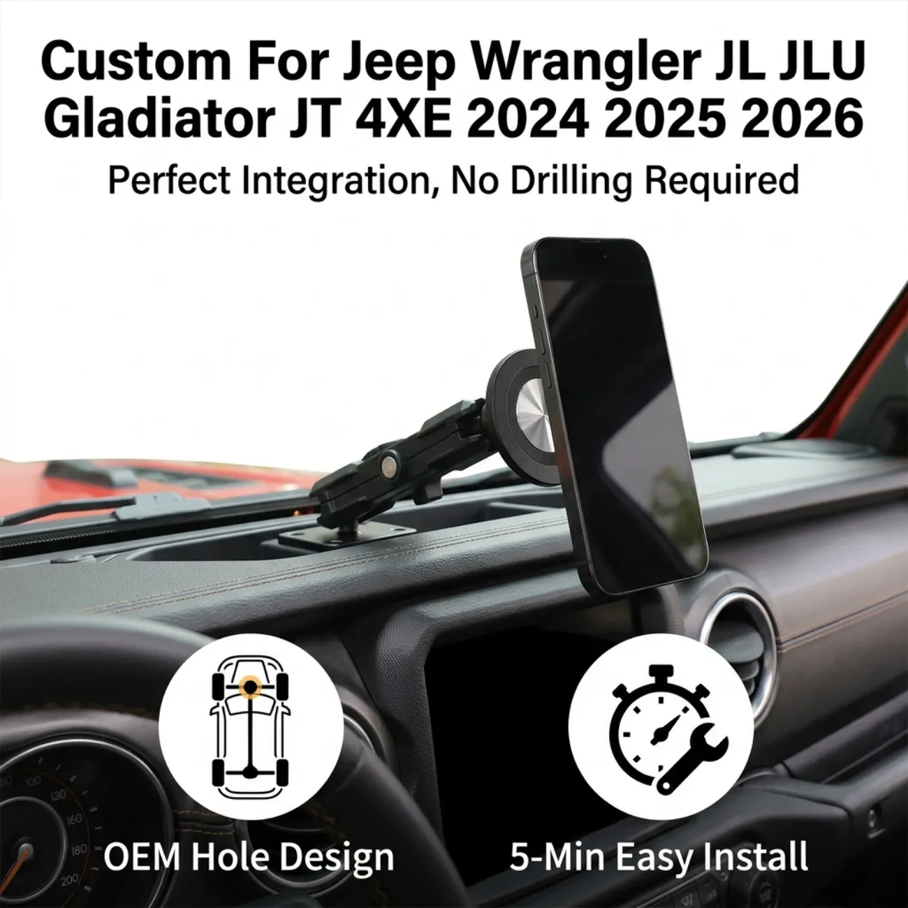 Car Cell Phone Holder Magnetic Adjustable Mount For Jeep Wrangler JL JLU Gladiator JT 4XE 2024 2025 2026 Interior Accessories