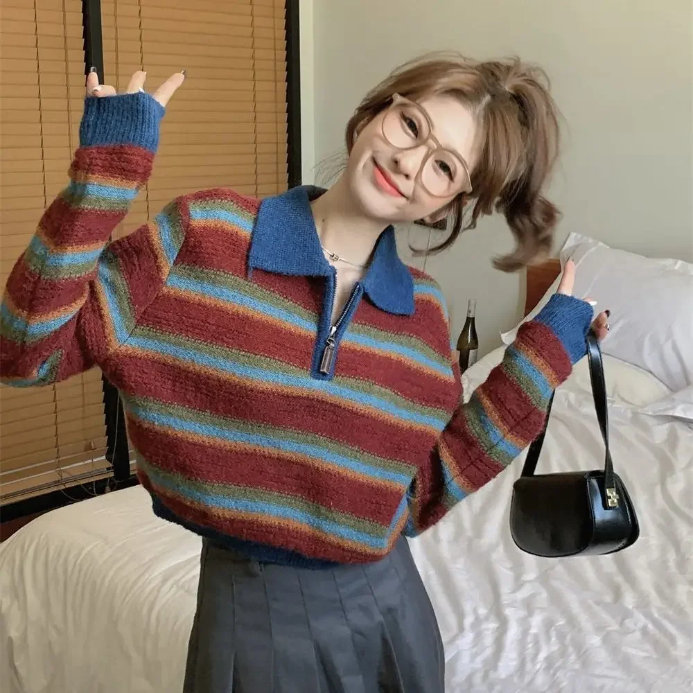 Hit Color Stripe Sweater Woman 2025 Outerwears Laple Neck Knitted Pullovers Fashion Casual Ropa Mujer Autumn Winter Clothes