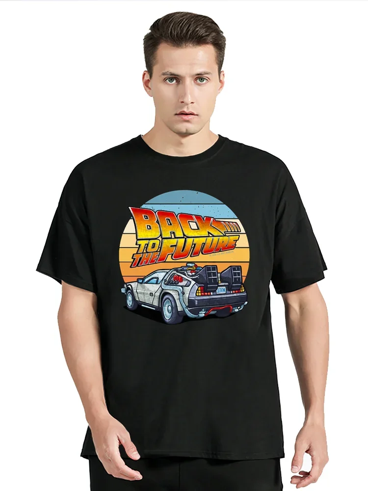 T-shirt rétro en coton imprimé Retour vers le futur pour homme, mode amusante, col rond, voiture