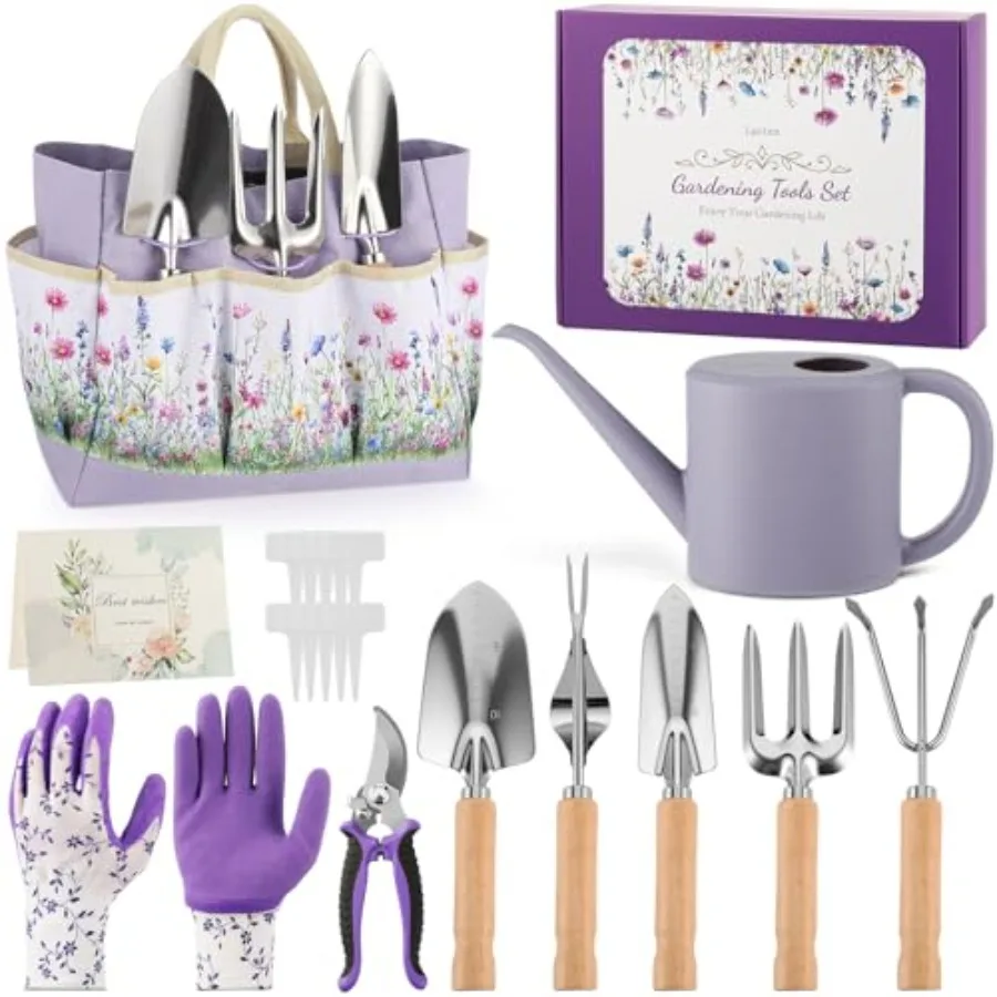 

21 Piece Gardening Gifts for Women Heavy-Duty Gardening Tools Set with Purple Floral Tote Bag Water Can Gloves Garden Accessori