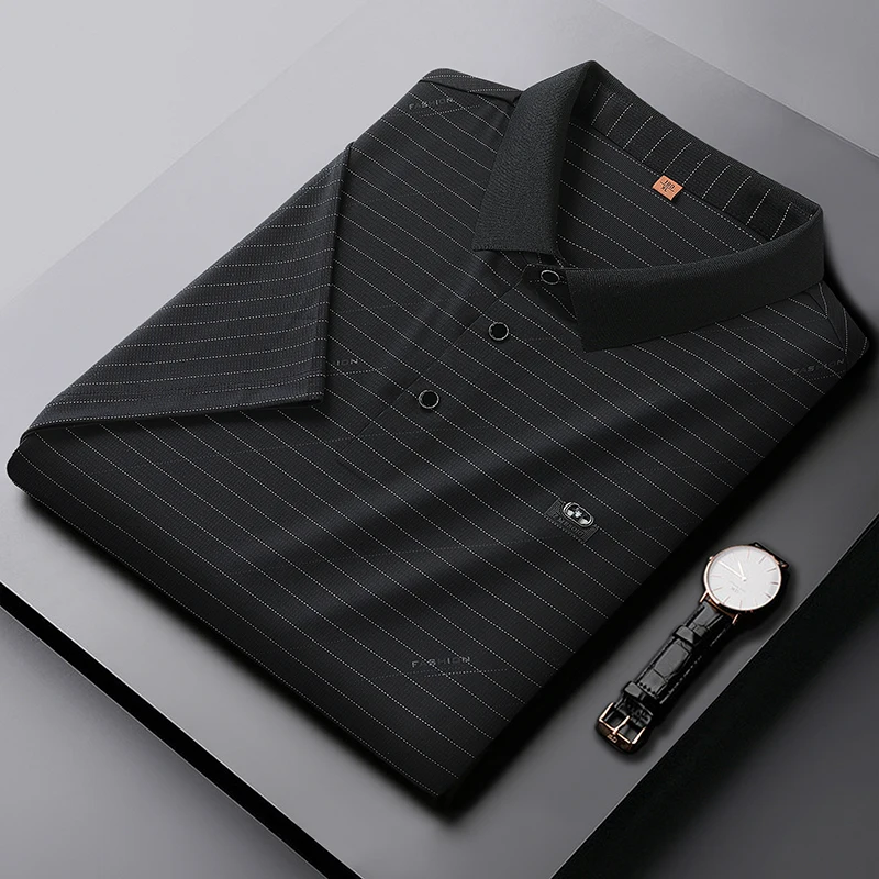 8XL 7XL 6XL 2024 New Summer High End Luxury Striped Shirts For Men Short Sleeve Lapel Mens T-Shirts Casual Loose Camisa Polo