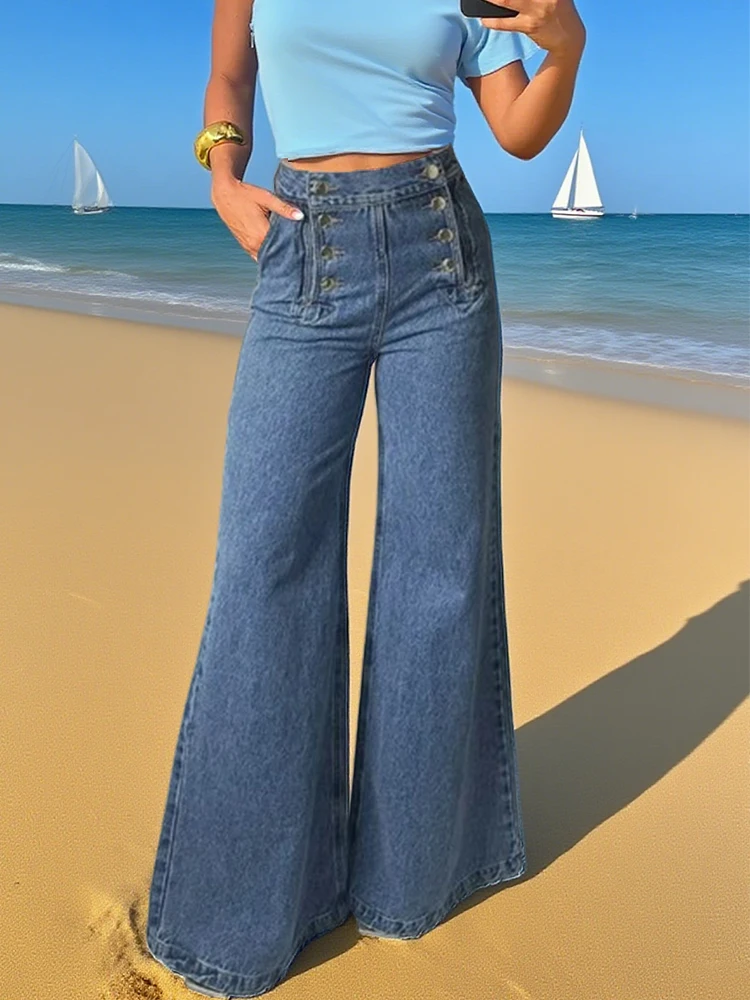 Autumn High Waisted Loose Women's Jean Pants Casual with Buttoned Split - Joint Fashionable Bottoms For Outdoor Travel
