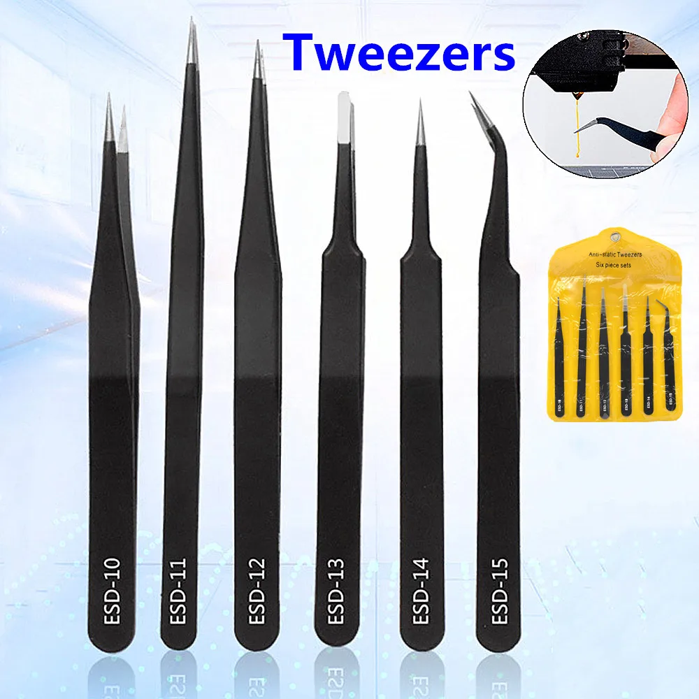 6PCS 3D Printer Accessories Tweezers Tool Anti-Static Stainless Steel Precision Tweezers Model Repair Tools Filament Cleaning