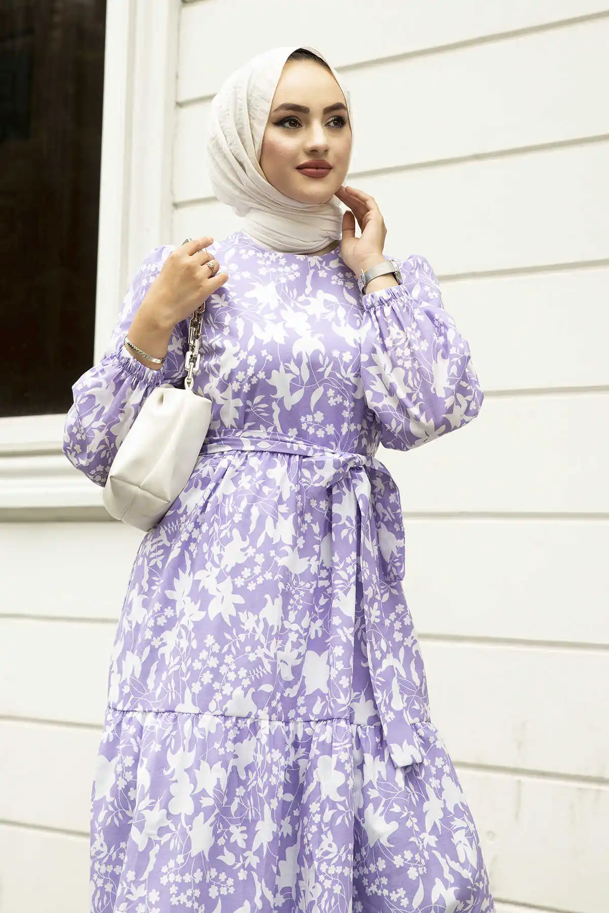 Waist Belted Skirt Frilly Dresses Lilac Winter Autumn 2021 Muslim Women Hijab headscarf Islamic Turkey