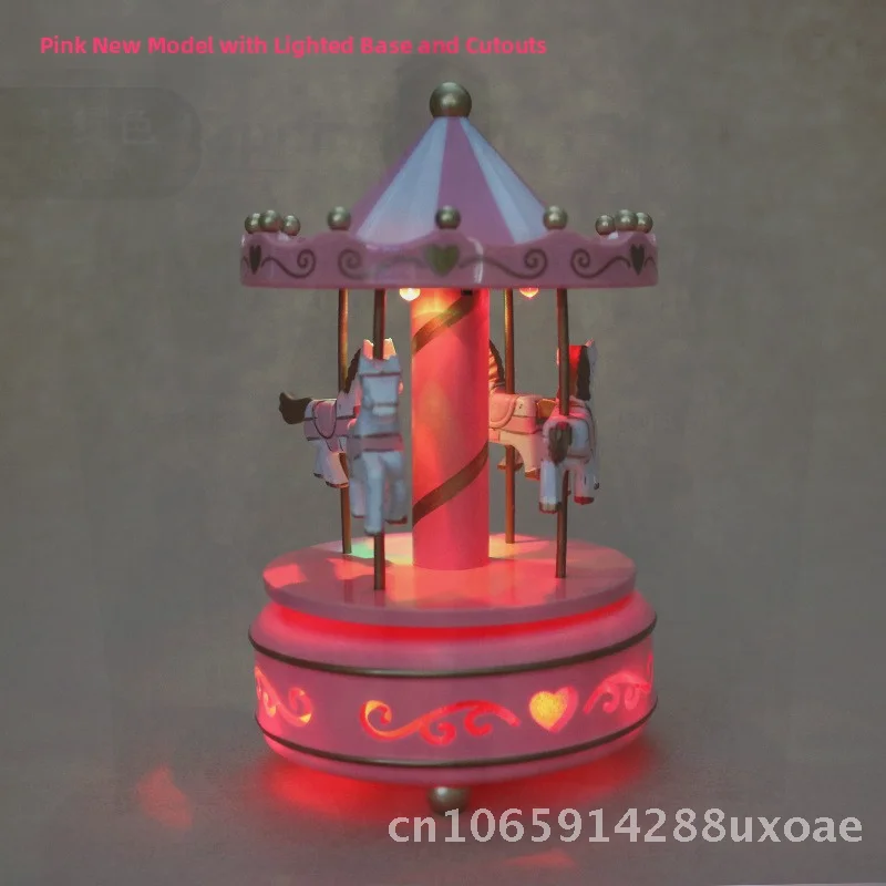 Creative Carousel Music Box with LED Light up down European Style Handmade Wooden Decorative Ornament Pink/Blue Birthday Gift
