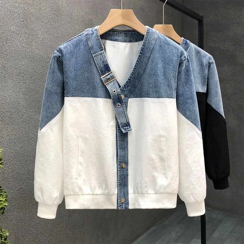 Spring Autumn New Fashion V-neck Long Sleeve Patchwork Contrast Color Jackets Men\'s Clothing Drawstring Button Korean Chic Tops