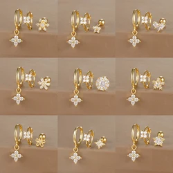 3PCS Stainless Steel Flower Cubic Zirconia Hoop Earrings Set For Women Gold Color Piercing Earring Vintage Waterproof Jewelry