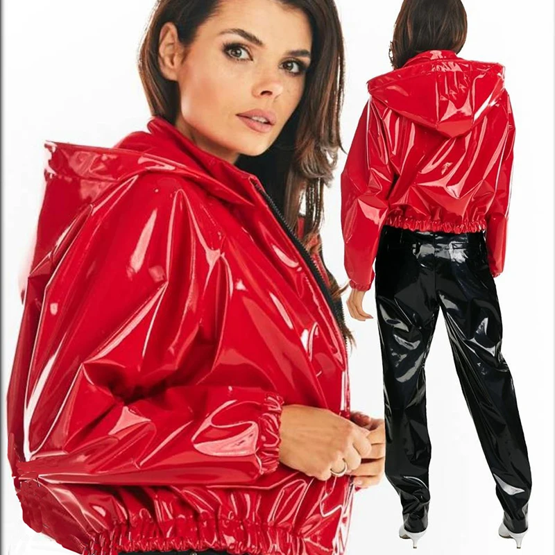 Red Black Loose Long Sleeve Zip up Sweatshirt Women Patent Leather Latex Hoodies PU Short Jackets  Plus Size Leather Coats