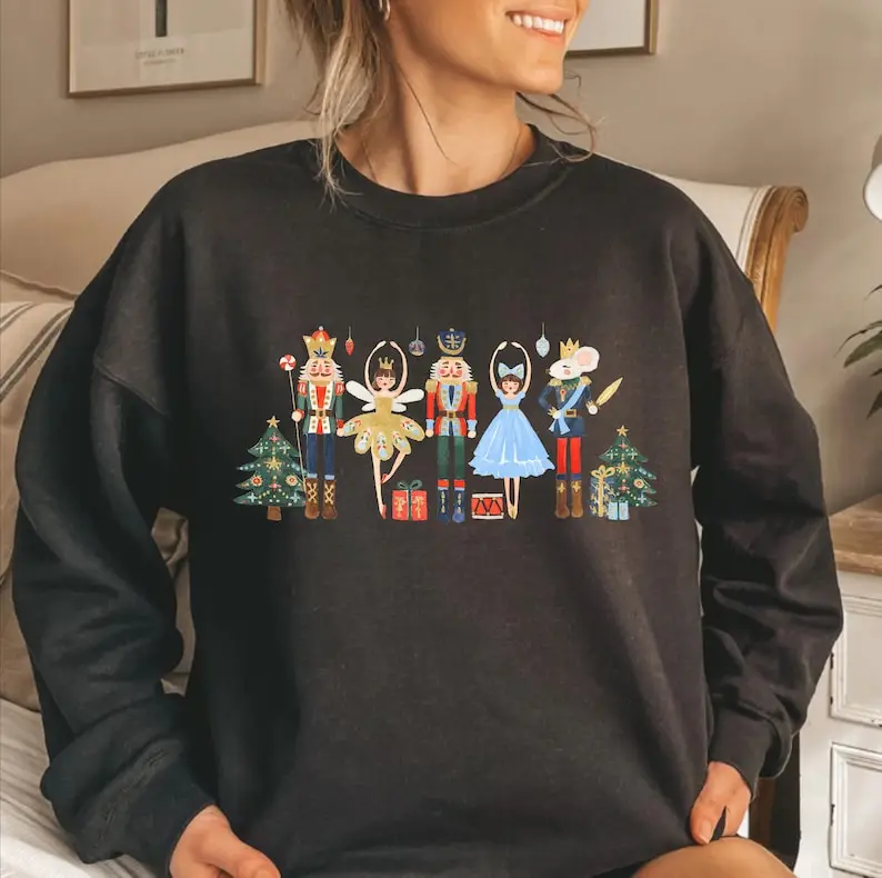 Women's Christmas Sweatshirt Nuts about Nutcracker Ballet Christma Shirt Christmas Party Sweater Round Neck and Long Sleeves