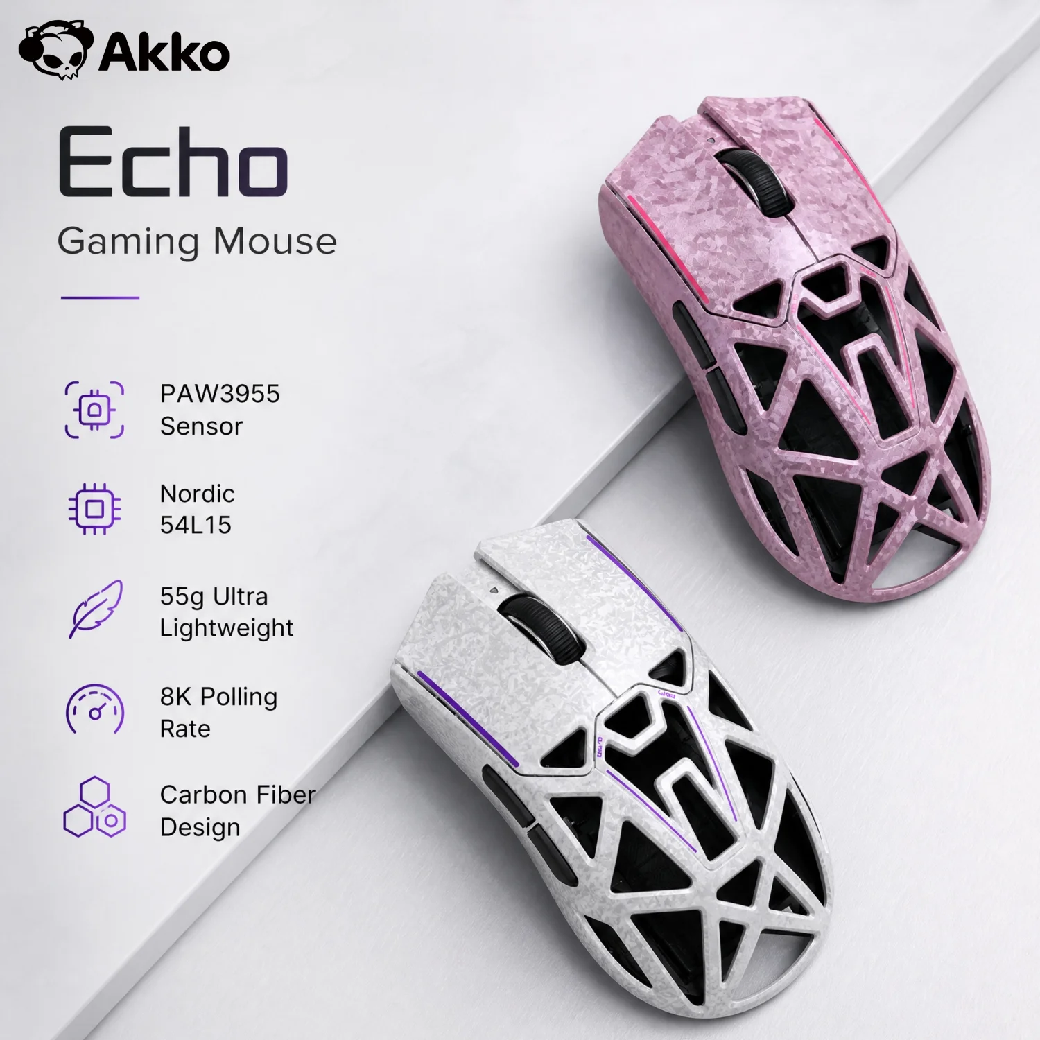 Akko Gaming Wireless Mouse Carbon Fiber Design PAW3955 PAW3950 8K 65000DPI 55g Lightweight Esports Mouse Echo Master Ultra Mice