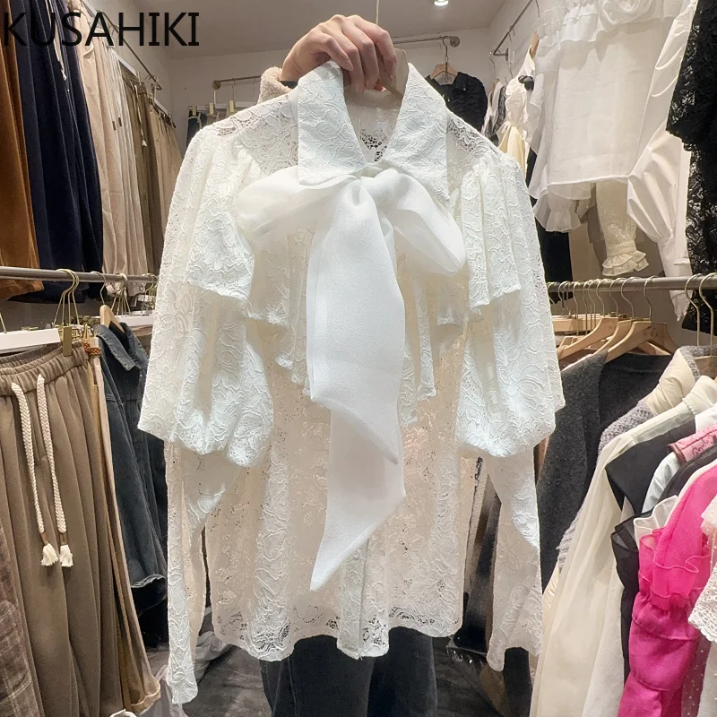 KUSAHIKI Sweet Lotus Edge Spliced Puff Sleeves with Bow Tie Design Single Breasted Hook Flower Hollow Lace Shirt for Women