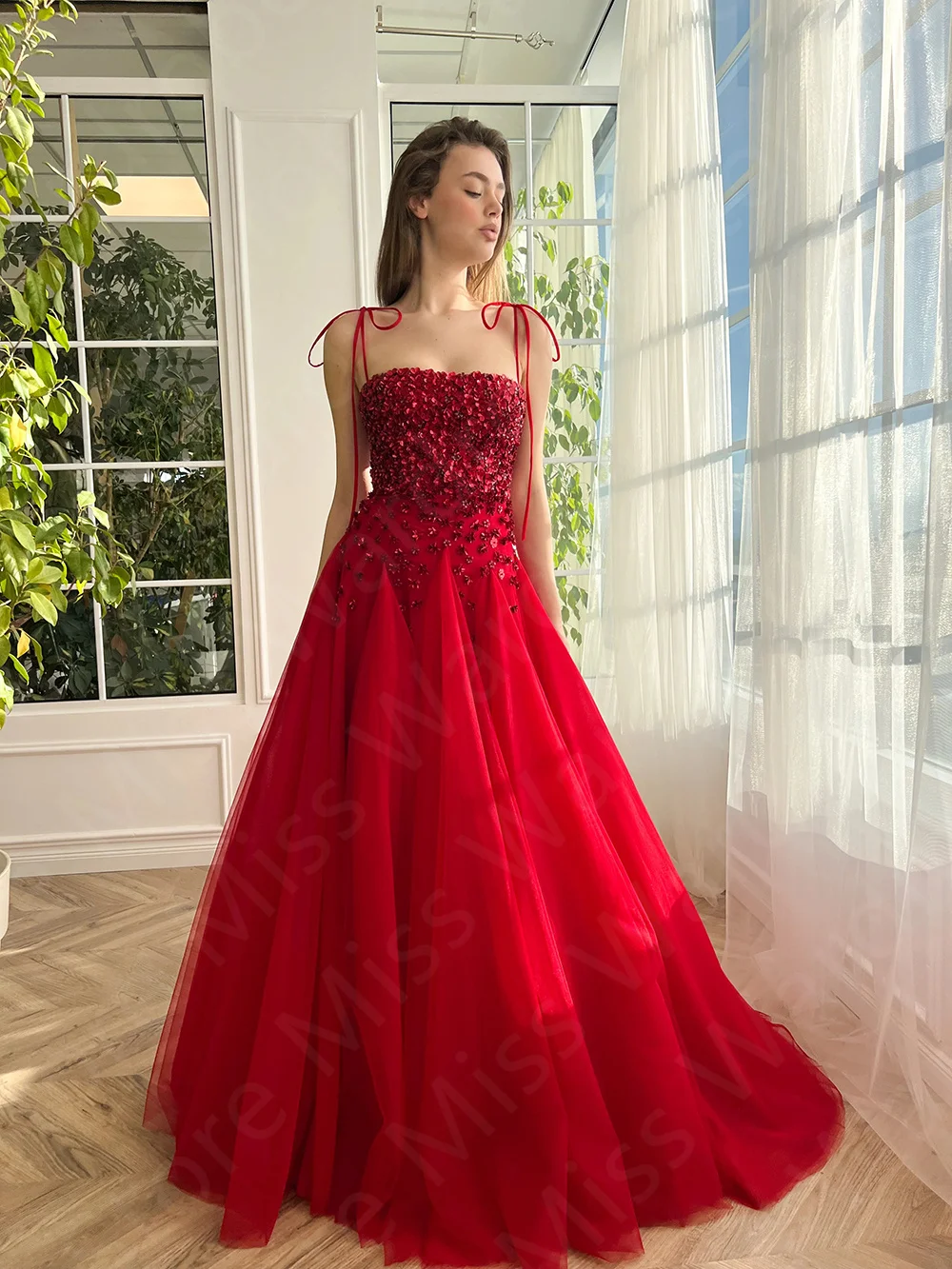 Maßgeschneiderte, wunderschöne Abendkleider, Rot, 2025, Abschlussball-Party-Kleider, ärmellose Blumen, Perlen, Hochzeitsgast-Kleider, Schnürung am Rücken – Detail 8