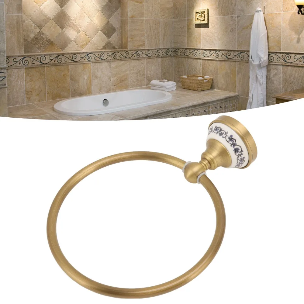 Copper Towel Ring Antique Gold Blue White Porcelain Decal Towel Rack Vintage Decorative Easy Installation Towel Holder