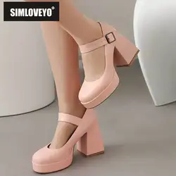 SIMLOVEYO Women Pumps Round Toe Block Heel 9cm Platform 2cm Buckle Strap Sweet Dating Shoes Female Big Size 45 46