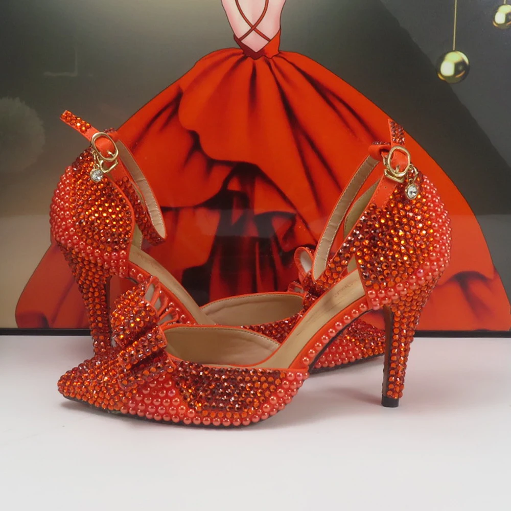 BaoYaFang New Arrival Orange Pearl Crystal wedding shoes and Bag Bridal Female Ladies Party Shoes Ankle Strap High Pumps