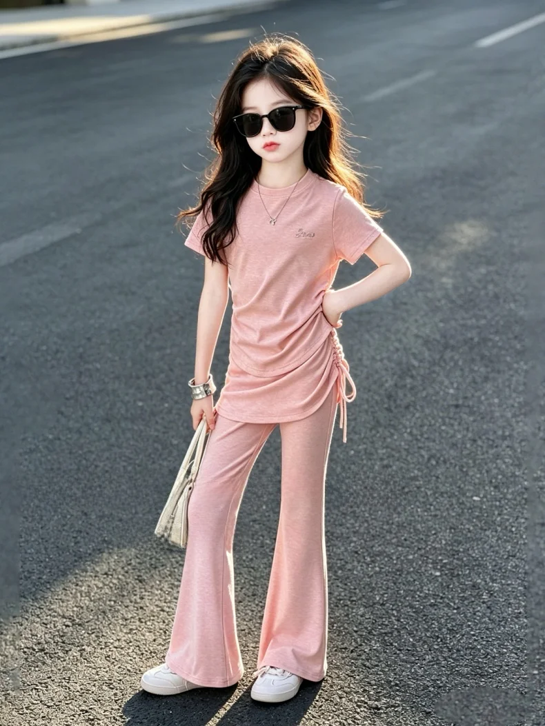 girls-summer-outfit-short-sleeve-cute-children's-clothes-korean-style-big-kids-summer-dress-casual-knitted-fabric-half-coffee