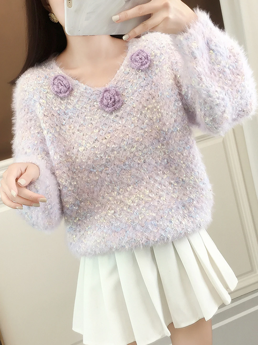 

Soft Cozy Women's Knitted Sweater Loose Lazy Sle Autumn Winter New adient Color 3D Flower Inner Wear Top