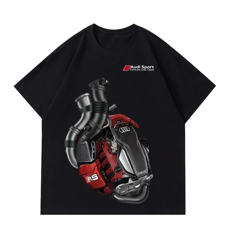 AUDI RS Engine Printed Men's Round Neck T-shirt, Car Enthusiasts' Fashion Item, Loose Casual Half Sleeved Top