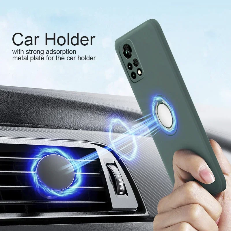 حافظة هاتف من السيليكون السائل لهاتف Xiaomi Redmi Note 14 Pro Plus + 13 Pro 12 5G 4G غطاء حامل حلقي معدني مع حزام Etui Coque