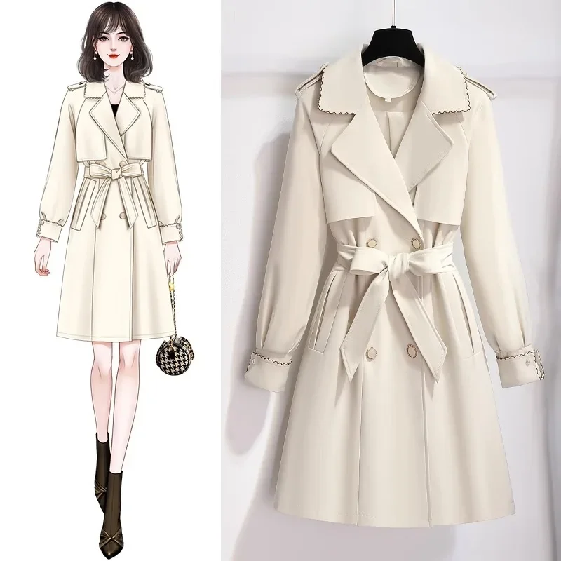 Korean Fashion Lace Up Trench Coats Women Spring Double Breasted Lined Windbreaker Big Size Elegant Mid Length Gabardinas A919