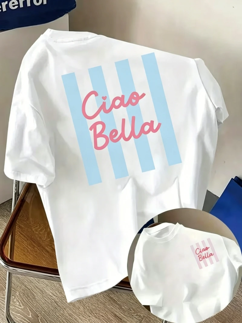 Ciao Bella Graphics Short-Sleeved T-Shirt with Front And Back Prints Women's Clothing Durable Casual T-shirt