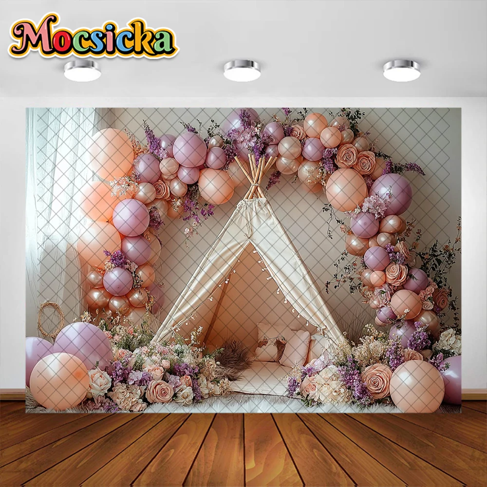 Bohemian Photography Background Colorful Balloon Tent Decoration NeWborn Baby Shower Cake Smash Background Studio Props Banner