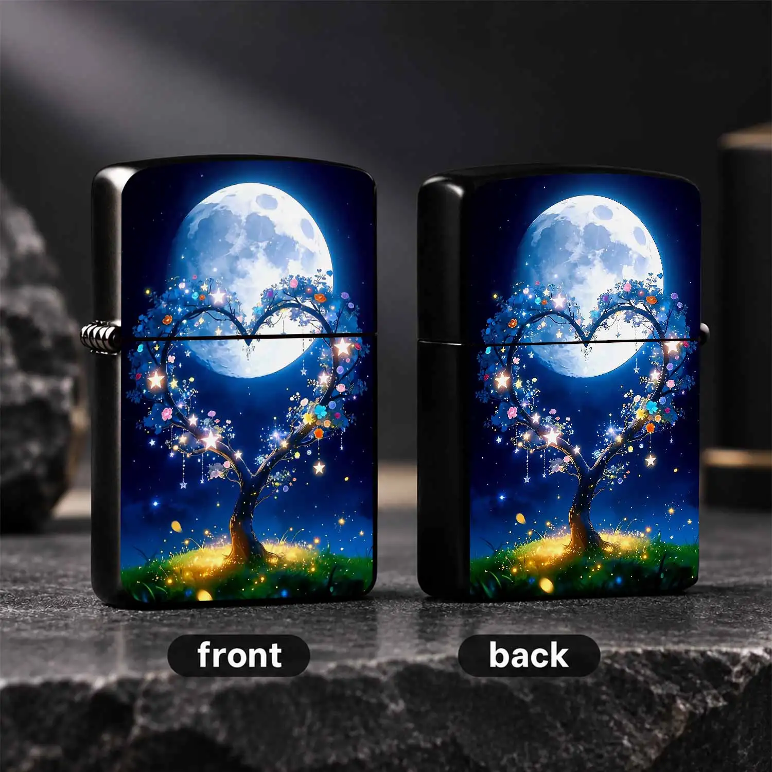 Dreamy Moonlit Heart Shaped Tree Pattern Portable Lighter, Romantic Starry Sky Full Print Exquisite Decor, Vibe Artistic Gift, Suitable For Various Daily Scenarios, Durable For Personal Use Or Present, Creative Fantasy S A Humorous And Inte