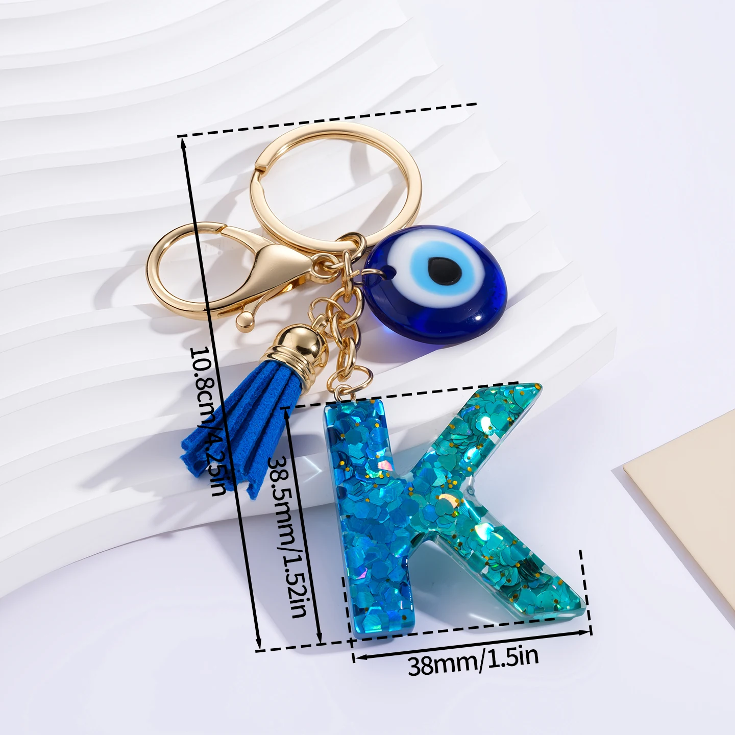 1 Stück Harz-Schlüsselanhänger mit 26 englischen Buchstaben, Quasten, Kristall und Teufelsauge-Anhänger, Schlüsselkette, Geschenk für Frauen, DIY-Schmuckzubehör