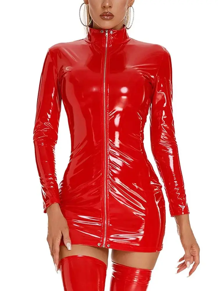 S-5XL Long Sleeve Shiny Faux PU Leather Dress Wet Look PVC Dresses Sexy Vestido Tights Package Hip Minifalda Clubwear Miniskirt