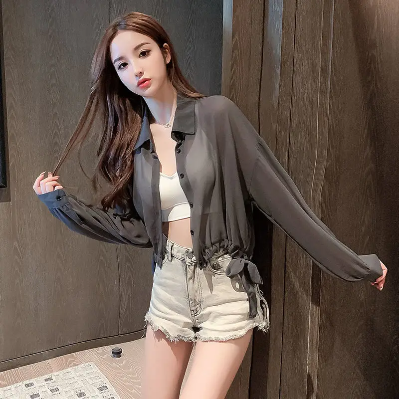 Clothing Full Sleeves Women\'s Shirts and Blouses with Bow Top for Woman Chiffon Transparent See-through Cool Tall M Pretty Y2k