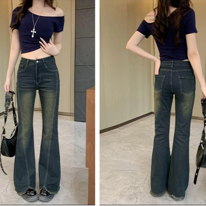 

Spring and Autumn New High-Waisted Retro Slim Fit Wide-Leg Flared Jeans for Women, Hip-Enhancing Frayed Flared Pants