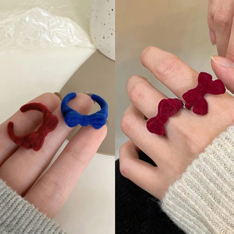 Temperament Flocking Klein Red Blue Burgundy Bow Adjustable Open Ring For Woman Jewellery Fashion Accessories