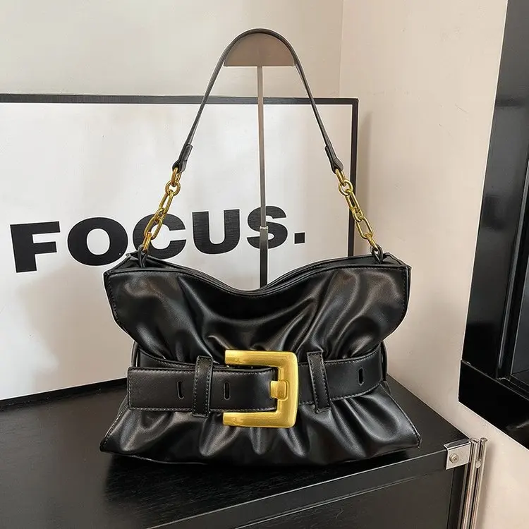 

2026 New Women's Pleated Belt Buckle Bag, Top Handle Underarm Shoulder Bag, Casual Chic Purse for Work Commute Handbags