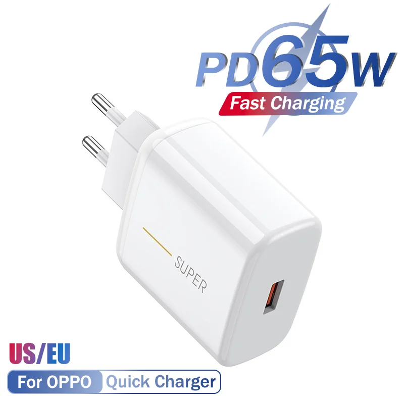 PD 65W Supervooc Charger For OPPO Reno 12 11 10 Pro 5 Find X7 X2 X3 X5 X6 EU US Quick Adapter Fast Charging Phone Accessories