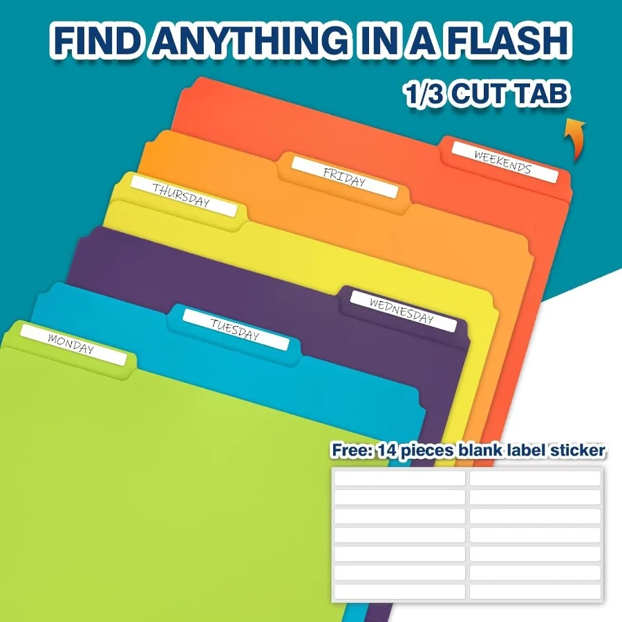 H4D 30팩 컬러 파일 폴더 플라스틱 마닐라 폴더 1/3 컷 탭 레터 사이즈 가정 학교 사무용품 문서용