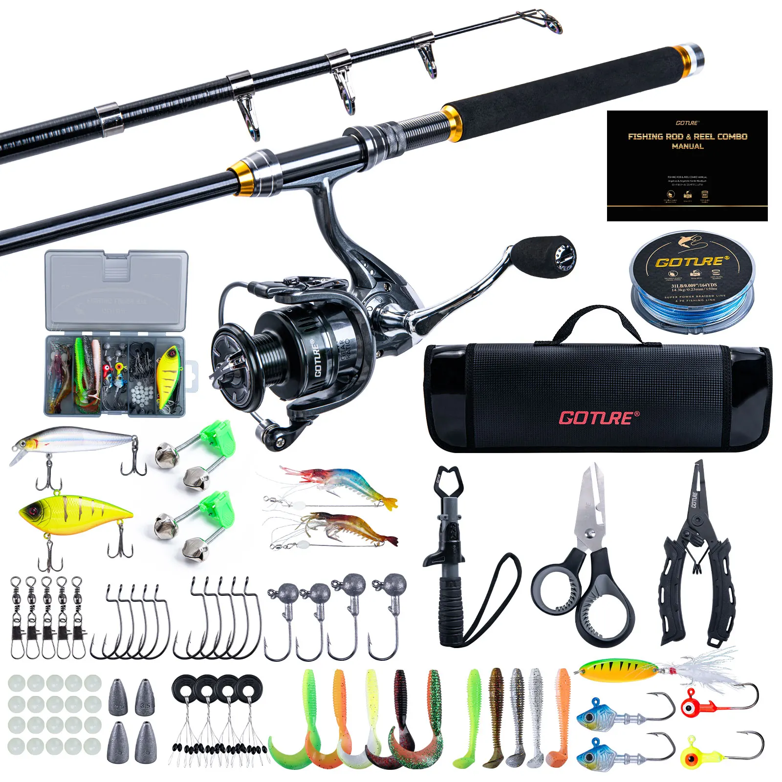 Goture Fishing Rod Combo Full Kit 1.8M-2.7M Telescopic Sea Pole with Reel and Spinning Reel Baits Set Tackle Travel Fishing Bag 6