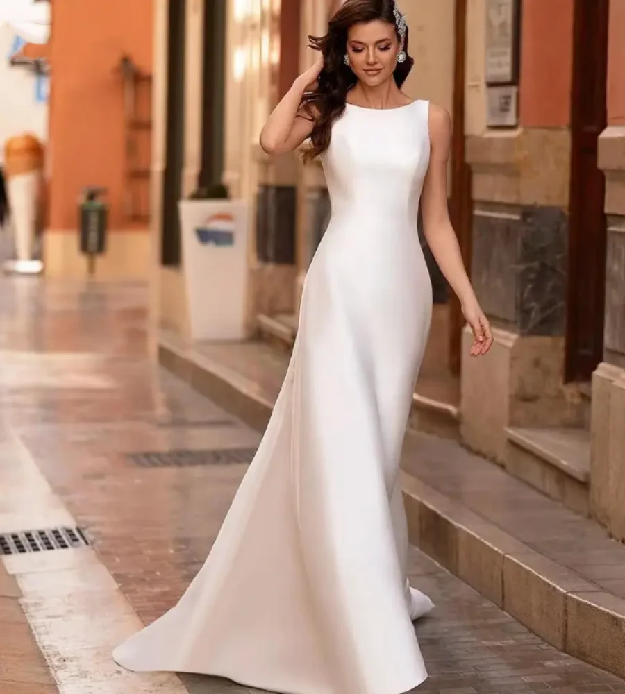 

2024 Custom Made Vestidos De Novia Elegant Sleeveless Satin Wedding Dresses Simple O-Neck Backless A-Line Bridal Gowns