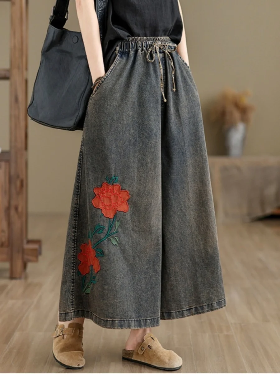 

High Waist Floral Embroidery Jeans Women Summer Vintage Versatile Wide Leg Loose Skirt Pants Blue Denim Fabric Nine Points