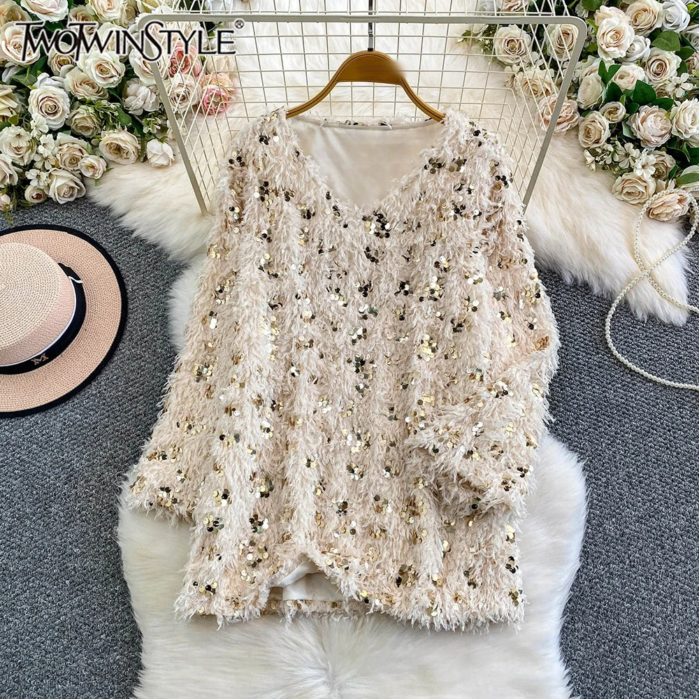 

TWOTWINSTYLE элегантные роскошные свободные свитера для женщин с v-образным вырезом и длинными рукавами, осенний шикарный трендовый свитер, женская мода, новинка KMY557221