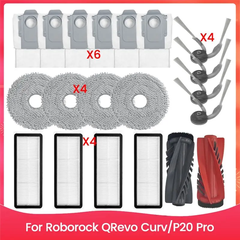 

20 шт. аксессуаров для робота-пылесоса Forroborock Qrevo Curv/P20 Pro: основная и боковые щетки, фильтры, салфетки, мешки для пыли, запасные части для очистки