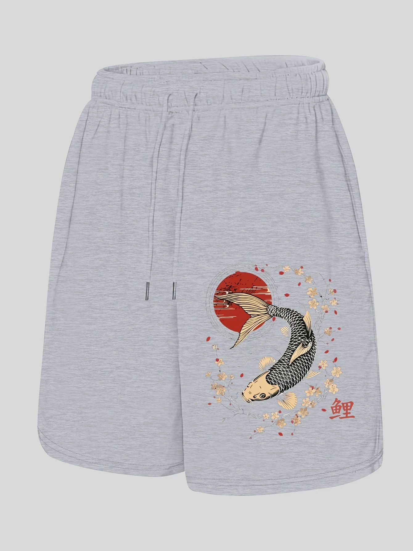 Schwarze Freizeitshorts für Herren mit Koi-Fisch- und Kirschblüten-Print – rotes Kreis-Design, elastischer Kordelzug am Bund und Taschen – Detail 4